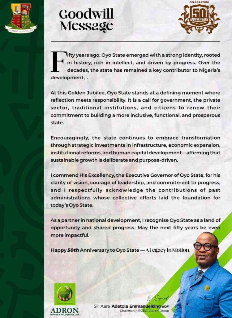 Adron Homes Chairman Hails Oyo State at 50, Celebrates Progress and Resilience