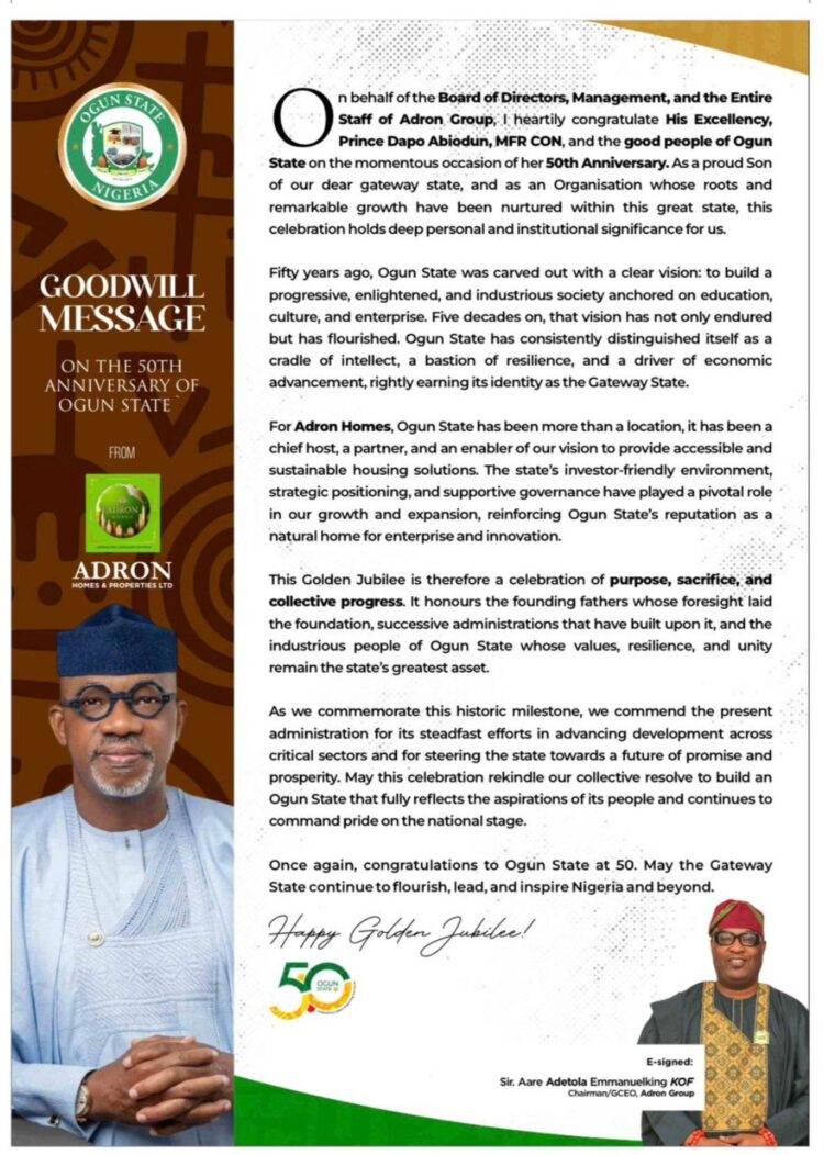 Adron Group Congratulates Ogun State At 50, Salutes Legacy of Progress