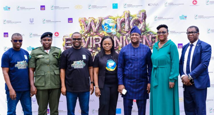 L-R: Director, Communication, Policy and Advocacy, Nigerian Conservation Foundation (NCF), Mr. Kunle Olawoyin; Conservation Educator, National Park Service, Mrs. Ilesanmi Zuliat Hussain; Director, Business Development and Partnership, NCF, Mr. Uchenna Achunine; Chief Brand and Marketing Officer, Union Bank of Nigeria, Mrs. Olufunmilola Aluko; Divisional Head, Corporate Affairs, FCMB, Mr. Diran Olojo; Director, Department of Pollution Control and Environmental Health, Federal Ministry of Environment, Mrs. Olabimpe Adenaike; and  Partner, KENNA Legal Practitioners, Mr. Daze Nga at the Nigerian Conservation Foundation Symposium held on June 19, 2026 at the Lekki Conservation Centre, Lekki, Lagos for the commemoration of World Environment Day.