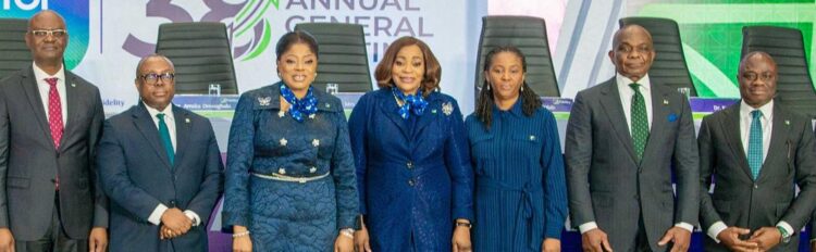 L – R: Kevin Ugwuoke, Executive Director, Risk Management; Stanley Amuchie, Executive Director/Chief Operations and Information Officer; Nneka Onyeali-Ikpe, Managing Director/Chief Executive Officer; Amaka Onwughalu, Chairman, Board of Directors; Ezinwa Unuigboje, Company Secretary; Henry Obih, Independent Non-Executive Director; and Ken Opara, Executive Director, Lagos and Southwest; (all of Fidelity Bank Plc) at the Bank’s 38th Annual General Meeting which held in Lagos and virtually recently.