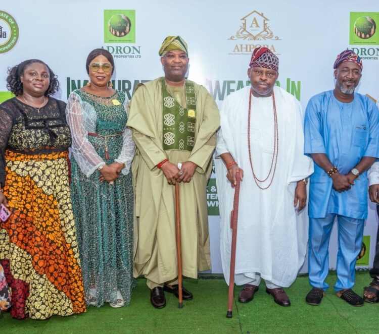L-R: Mrs. Augustina Chuks, Chairman uptown zone, Mrs Adenike Ajobo, MD Adron Homes, Sir, Aare Adetola EmmanuelKing KOF, Chairman/GCEO Adron Homes Properties Limited, HRH, Oba Peter Oluwole Ogunbayo, Otete III, Odemo of Isara Remo, Alhaji Akeem Segun Koletowo, Chairman, Downtown Zone at the inauguration and swearing in ceremony of Adron Homes & Property Owners & Residents Association  (AHPORA) EXCOs of Treasure Park & Gardens Phase 2, Downtown Estate, Shimawa Ogun State, on Sunday, 18th October, 2026 held at the Event Ground of the Estate.